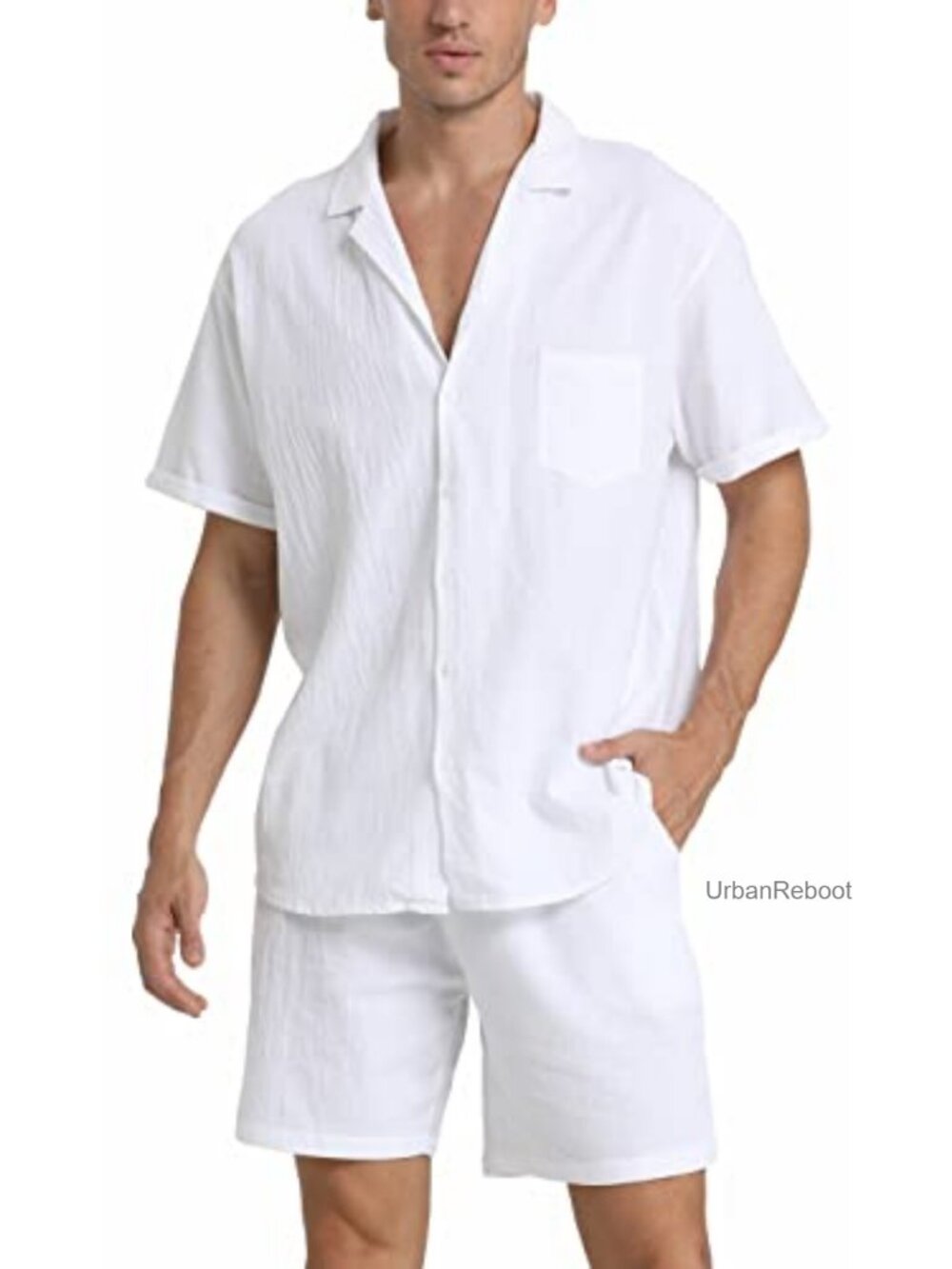 Men's Linen Shirt & Shorts Set 2-Piece Camp Collar Casual Summer Outfit